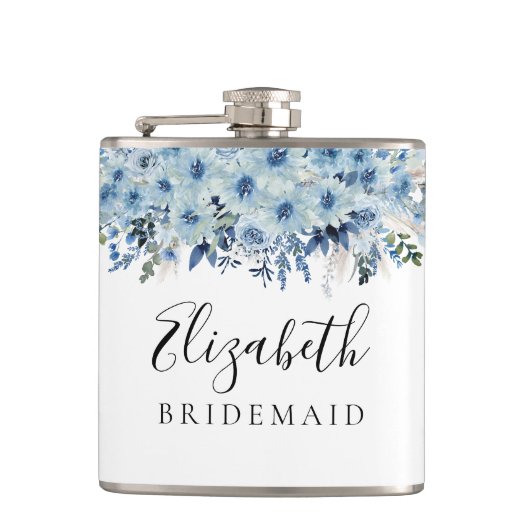 Blue Boho Floral Brautparty Flask Flachmann (Vorderseite)