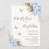Blue Boho Floral Butterfly Kisses Baby Dusche Einladung (Vorne/Hinten)