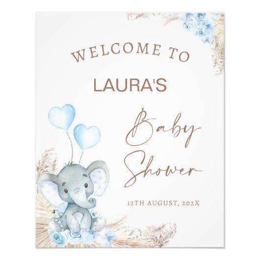 Blue Boho Floral Elephant Baby Dusche Begrüßungsze Fotodruck (Vorne)