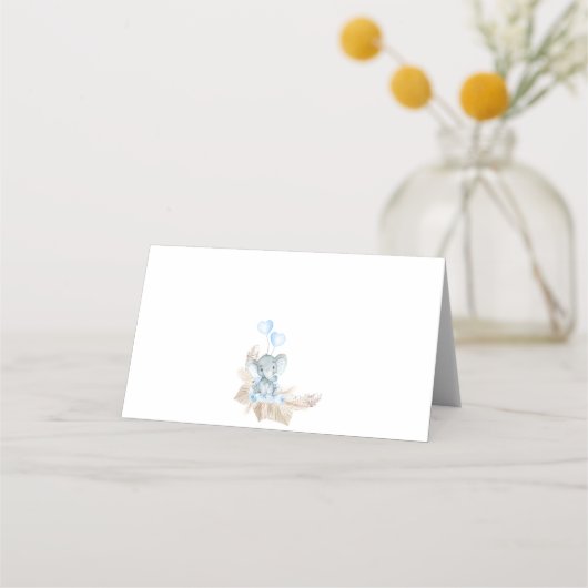 Blue Boho Floral Elephant Baby Dusche Platzkarte (Rückseite)