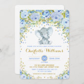 Blue Boho Floral Elephant Invite Boy Baby Dusche Einladung (Vorne/Hinten)