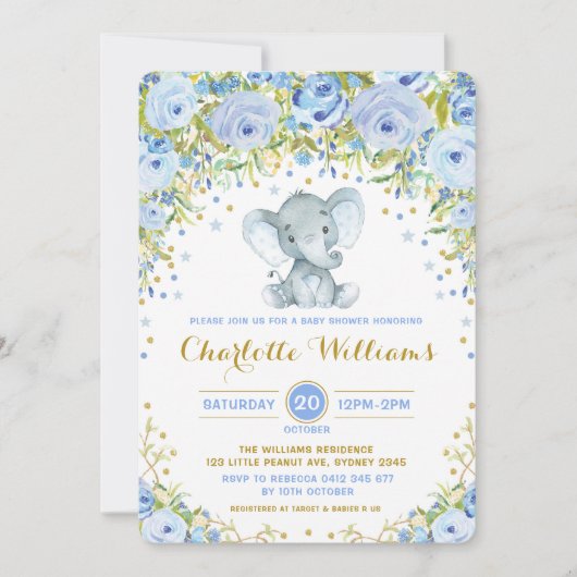 Blue Boho Floral Elephant Invite Boy Baby Dusche Einladung (Vorderseite)