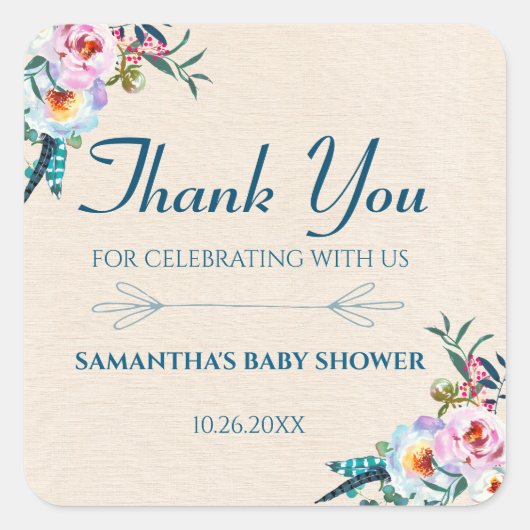 Blue Boho Floral Feather Baby Dusche Vielen Dank Quadratischer Aufkleber (Vorderseite)