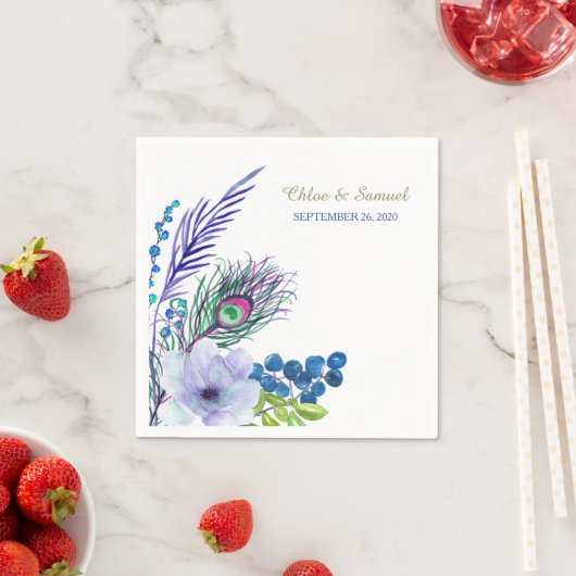 Blue Boho Floral Feather Wedding Serviette (Beispiel)