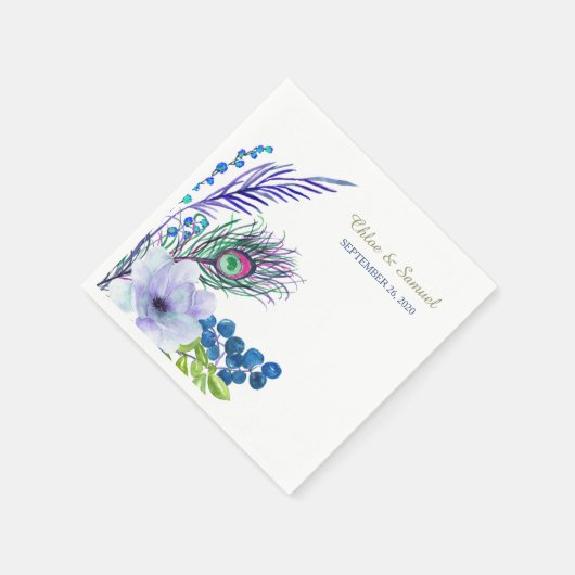 Blue Boho Floral Feather Wedding Serviette (Ecke)