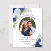 Blue Boho Floral & Foto Hochzeit Speichern Sie das Magneteinladung (Vorderseite)