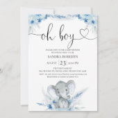 Blue Boho Floral Oh Boy Elephant Baby Dusche Einladung (Vorderseite)