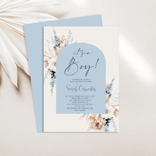 Blue Boho Floral Pampas Grass Baby Shower Boy Einladung