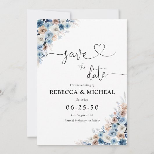 Blue Boho Floral Save the Date Card (Vorderseite)