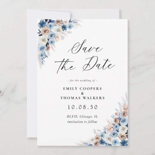 Blue Boho Floral Save the Date Card (Vorderseite)