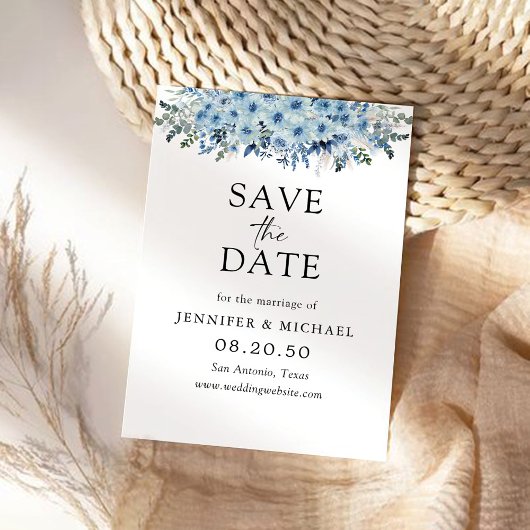 Blue Boho Floral Save the Date Card