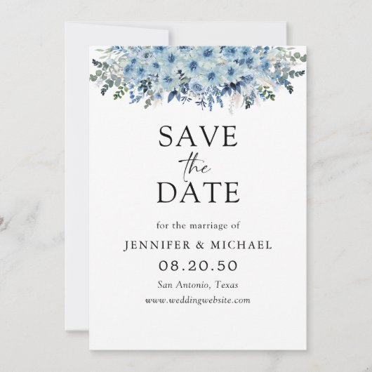 Blue Boho Floral Save the Date Card (Vorderseite)