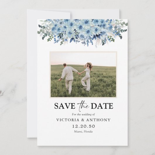Blue Boho Floral Save the Date mit Foto (Vorderseite)