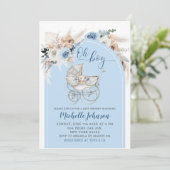 Blue Boho Floral Stroller Boy Baby Dusche Einladung (Stehend Vorderseite)