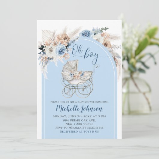 Blue Boho Floral Stroller Boy Baby Dusche Einladung (Stehend Vorderseite)