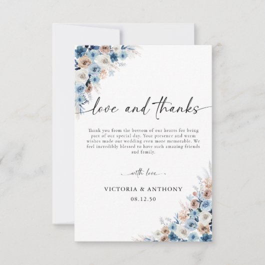 Blue Boho Floral Wedding Dankeschön Card Dankeskarte (Vorderseite)