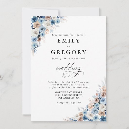 Blue Boho Floral Wedding Einladung (Vorderseite)