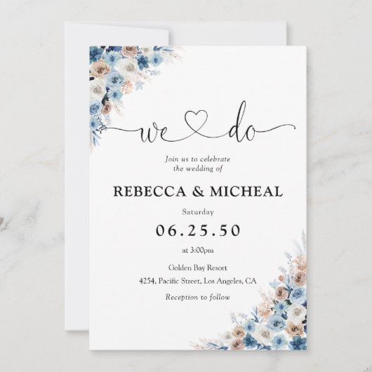 Blue Boho Floral Wedding Einladung (Vorderseite)