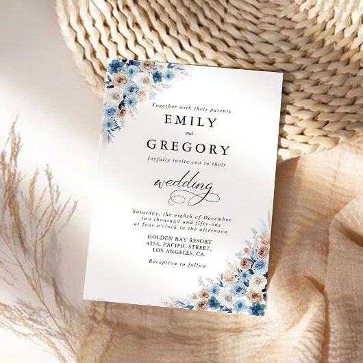 Blue Boho Floral Wedding Einladung
