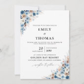 Blue Boho Floral Wedding Einladung (Vorderseite)