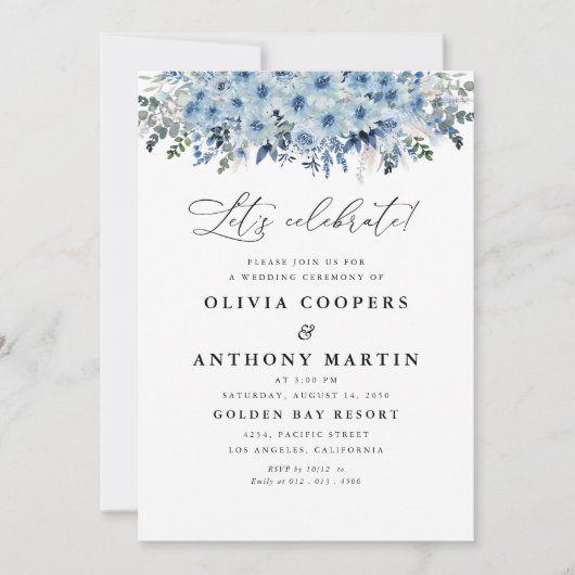 Blue Boho Floral Wedding Einladung (Vorderseite)