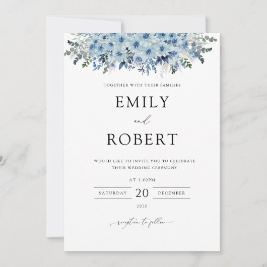 Blue Boho Floral Wedding Einladung (Vorderseite)