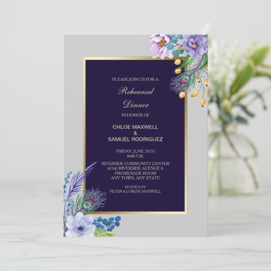 Blue Boho Floral Wedding Probe Einladung (Stehend Vorderseite)