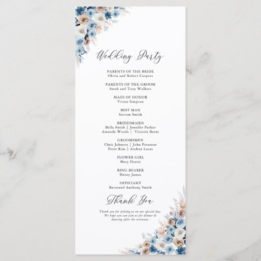 Blue Boho Floral Wedding Program Programm (Rückseite)