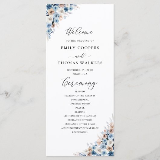 Blue Boho Floral Wedding Program Programm (Vorderseite)
