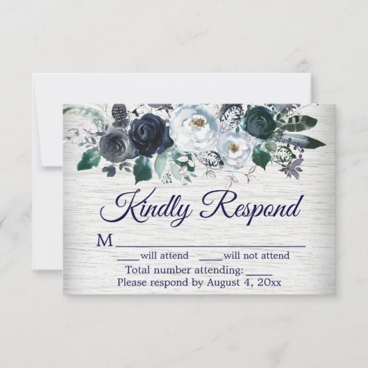 Blue Boho Floral Wedding Response Card Dankeskarte (Vorderseite)