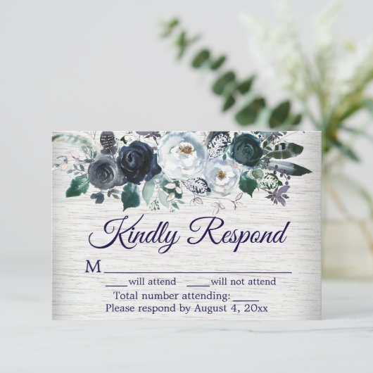 Blue Boho Floral Wedding Response Card Dankeskarte (Stehend Vorderseite)