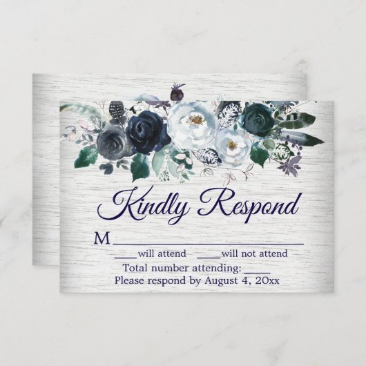 Blue Boho Floral Wedding Response Card Dankeskarte (Vorne/Hinten)