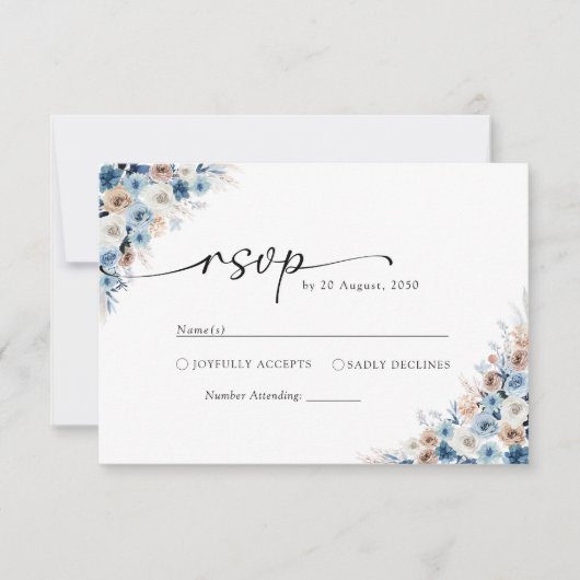 Blue Boho Floral Wedding RSVP Card (Vorderseite)