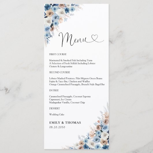 Blue Boho Floral Wedding Zeremony Menu Menükarte (Vorderseite)