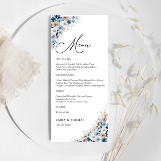 Blue Boho Floral Wedding Zeremony Menu Menükarte