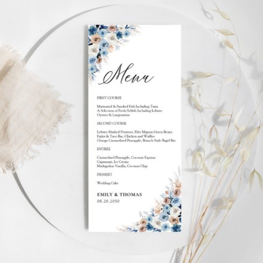 Blue Boho Floral Wedding Zeremony Menu Menükarte