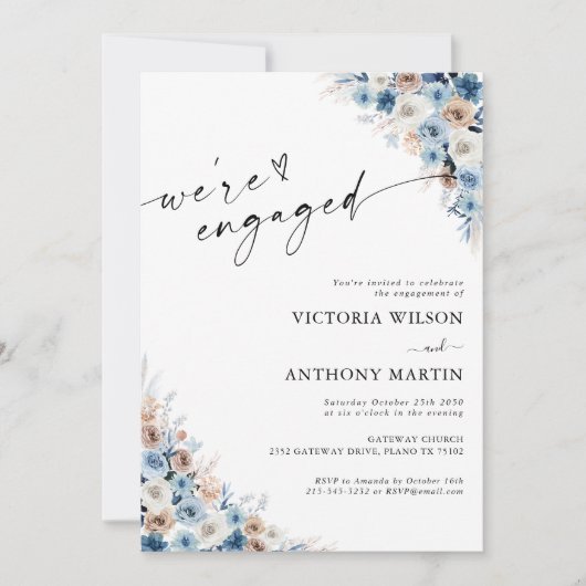 Blue Boho Floral Wir sind verlobt Einladung (Vorderseite)