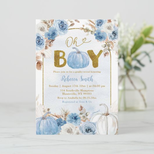 Blue Boho Gold Pumpkin Fall Oh Boy Baby Dusche Einladung (Stehend Vorderseite)