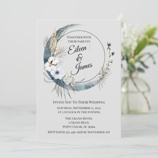 Blue Boho Half Moon Wedding Einladung (Stehend Vorderseite)