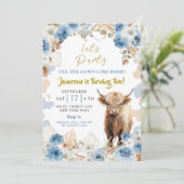 Blue Boho Highland Cow Farm Boy Birthday Einladung (Stehend Vorderseite)