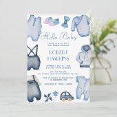 Blue Boho Kleidung Boy Baby Dusche Einladung (Stehend Vorderseite)