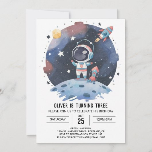 Blue Boho Kosmic Astronaut Boy Geburtstag Einladung (Vorderseite)