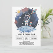 Blue Boho Kosmic Astronaut Boy Geburtstag Einladung (Stehend Vorderseite)