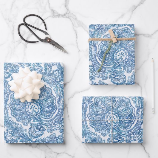 Blue Boho Lace Paisley Pattern Geschenkpapier Set (Vorderseite)