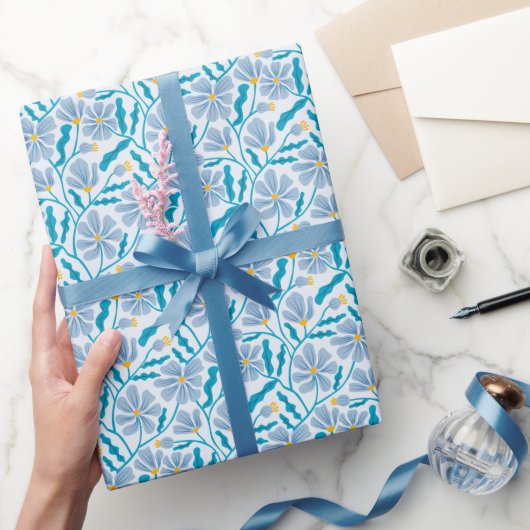 Blue Boho Mitte Jahrhundert Modernes Blumenmuster Geschenkpapier (Schenken)