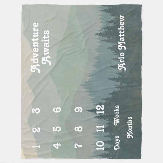 Blue Boho Mountains Retro Baby Milestone Fleecedecke (Vorderseite)