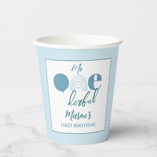 Blue Boho Mr Onederful 1st Birthday Party Pappbecher (Vorderseite)
