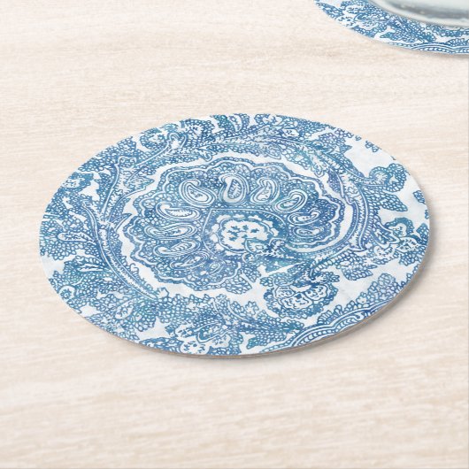 Blue Boho Paisley Pattern Runder Pappuntersetzer (Angewinkelt)
