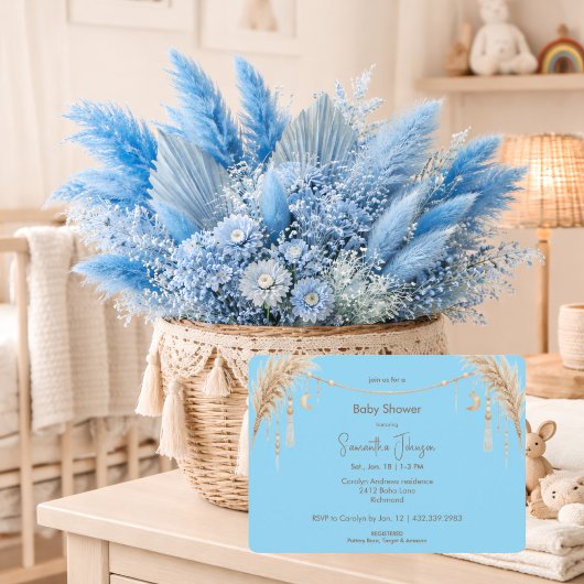 Blue Boho Pampas Baby Shower Einladung