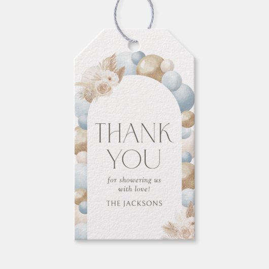 Blue Boho Pampas Grass Arch Boy Baby Dusche Geschenkanhänger (Vorderseite)